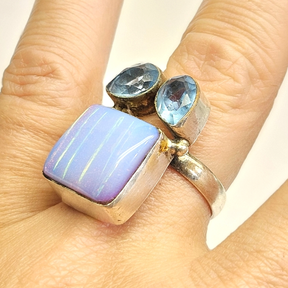 Blue Dichroic Glass Sterling Silver Ring - Picture 8 of 11